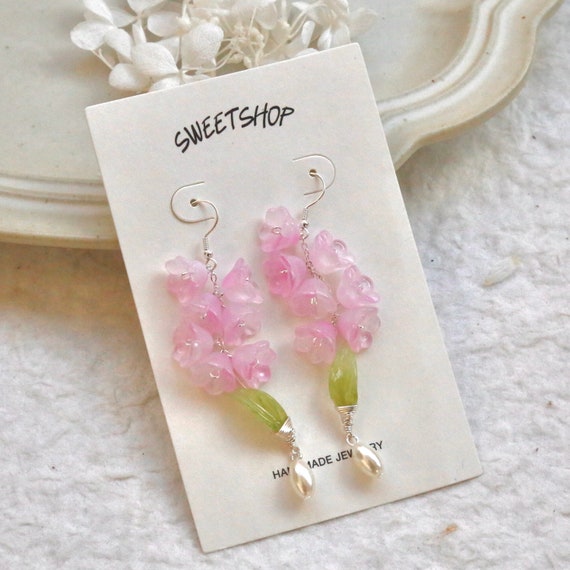 Shrink Plastic Lily of The Valley Earrings Light Pink Ear Wires