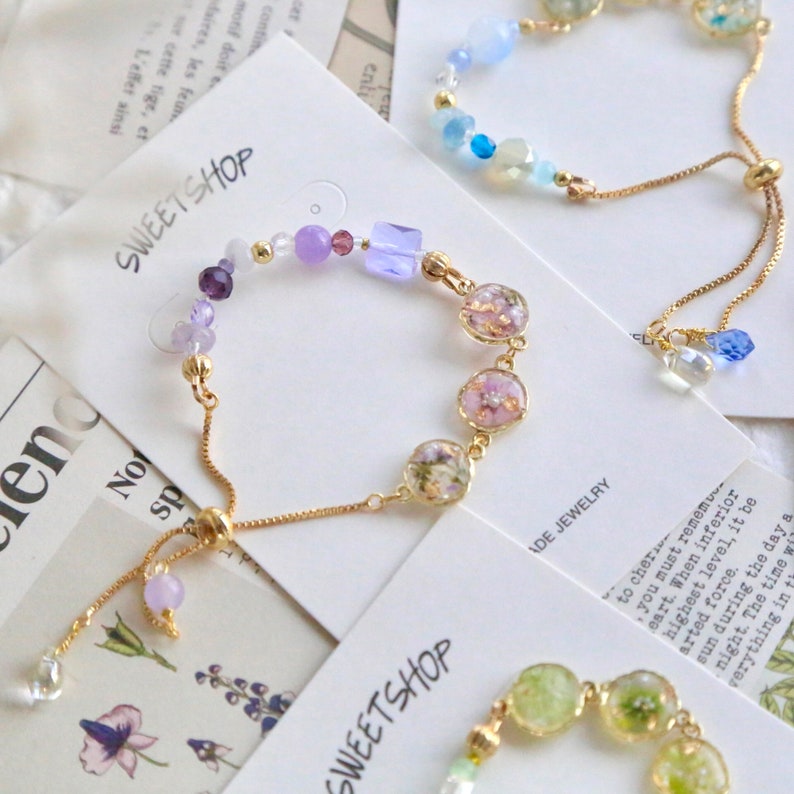 Resin Spring Flower Bracelets, Pressed flower bracelet, sakura bracelet, nature stone crystal bracelet, seasonal flower bracelet image 7