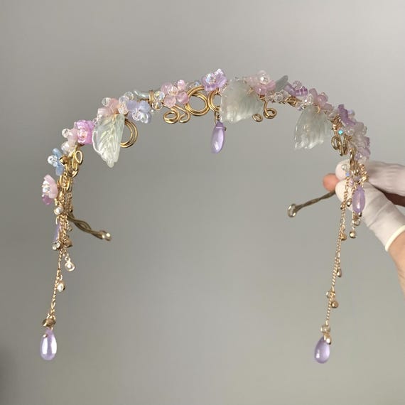 Purple Crystal Beaded Leaf Headband Amazon.com : Teyglen Leaf Bride Wedding Hair Vine Bridal  main image 4