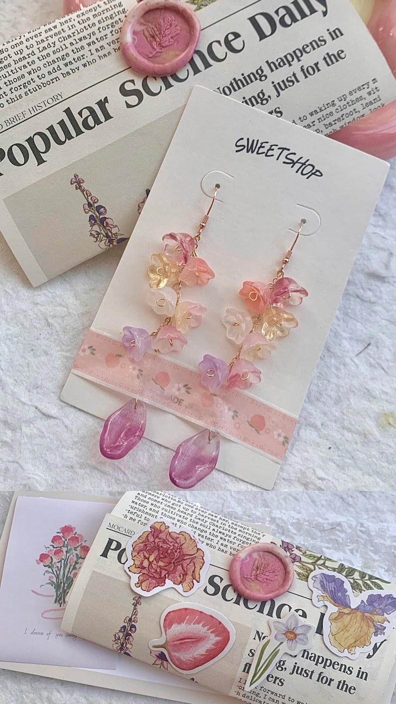 Lesbian Pride Flower Earrings, Colorful Dangle Earrings, Elegant Floral Earrings, kawaii long earring, nature inspired, fairy earrings image 8