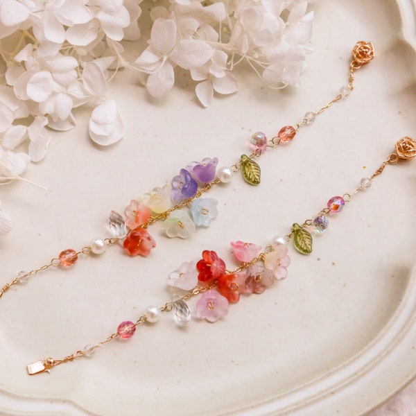 Rainbow grass lily flower bracelets, Flower bracelets, Colorful flower bracelet, Lily of Valley, Pearl flower plant jewelry, Rose crystal