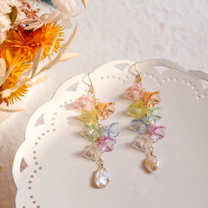 Rainbow Lily Flower earrings, Dangle earrings, sun catcher earrings, fairy earrings, long earrings, Iridescent Holographic image 6