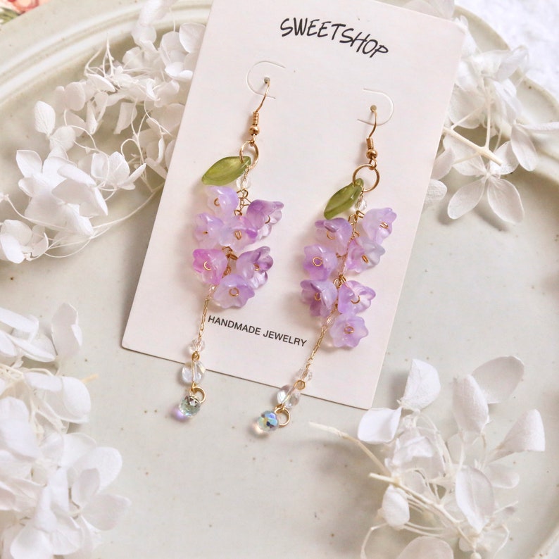 Wisteria flower earrings, Dangle Earrings, Plant Jewelry, Purple Earrings, Glazed Leaf Flower Earrings, Fairycore, Summer Earrings image 5