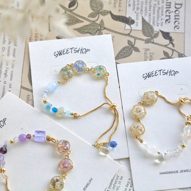 Resin Spring Flower Bracelets, Pressed flower bracelet, sakura bracelet, nature stone crystal bracelet, seasonal flower bracelet image 8