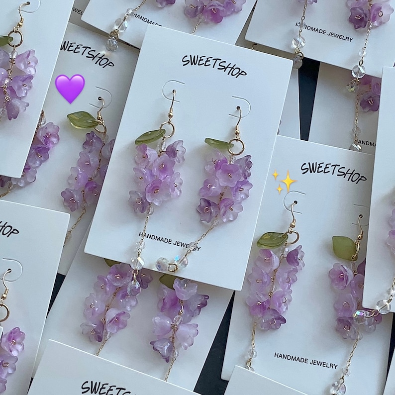 Wisteria flower earrings, Dangle Earrings, Plant Jewelry, Purple Earrings, Glazed Leaf Flower Earrings, Fairycore, Summer Earrings image 9