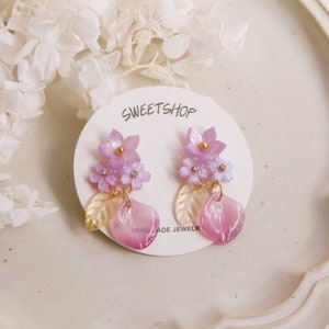 Sakura Dangle Earring, Purple earring, Japanese Flower Earrings, Flower Clip-on Earrings, Handmade Flower Glass Crystal Drop Earrings