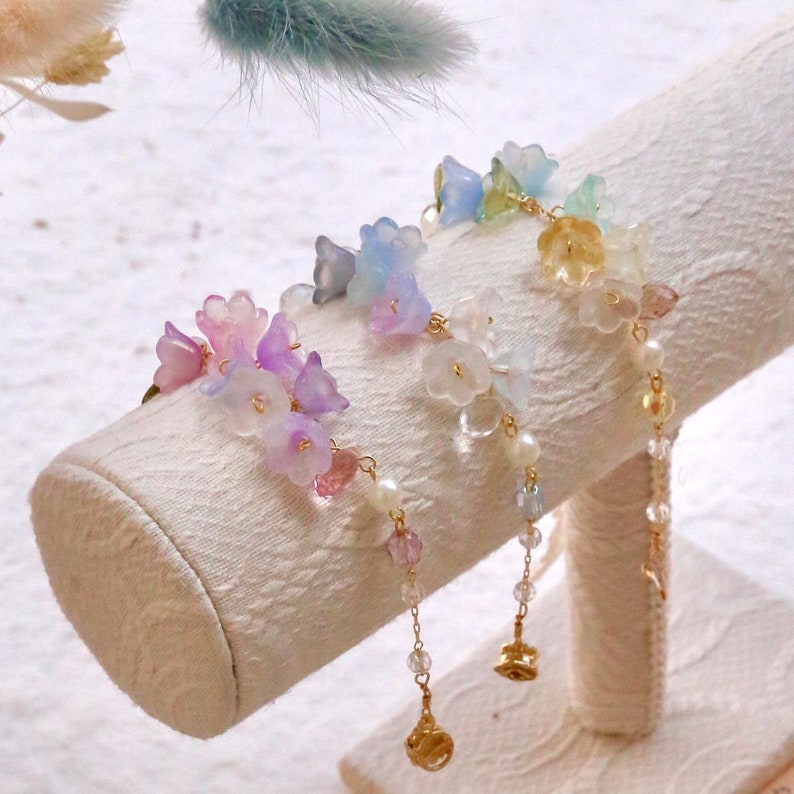 Rainbow grass lily flower bracelets, Flower bracelets, Colorful flower bracelet, Lily of Valley, Pearl flower plant jewelry, Rose crystal image 4