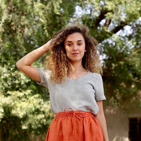 Printed V Neck Linen Top, Green Comfy Shirt, Organic Washed Linen, Loose  Top, Plus Size Clothing, Short Sleeve Blouse