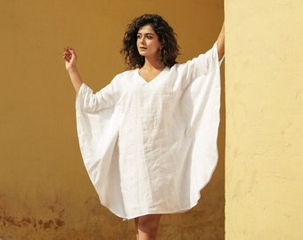 White Linen Kaftan Dress, Loose Linen Cover-up Dress