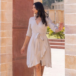 Natural Linen Wrap Dress with Frills, Midi Tunic with Pockets, Casual Knee Length, Hourglass Shape, Comfy Kimono Dress with Belt, Plus Size