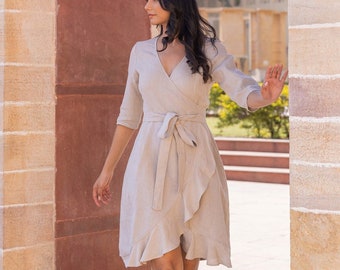 Natural Linen Wrap Dress with Frills, Midi Tunic with Pockets, Casual Knee Length, Hourglass Shape, Comfy Kimono Dress with Belt, Plus Size