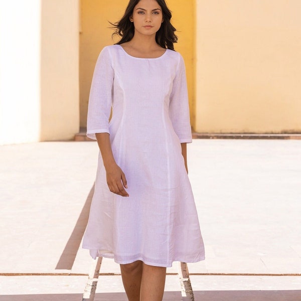 White Linen Midi Dress, Round Neck Linen Tunic with Princess Seams and Long Sleeve, Casual Dress With Zipper, Comfy Plus Size, Custom Size