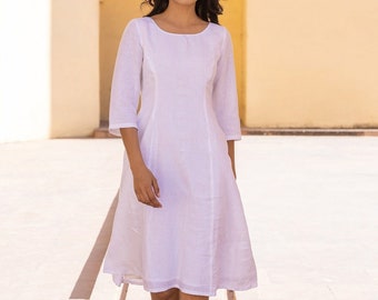 Weißes Leinen Midi Kleid, Rundhals Leinen Tunika mit Prinzessinnähten und Langarm, Casual Kleid mit Reißverschluss, Bequem Plus Size, Custom Size