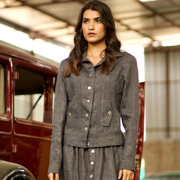 Grey Linen Jacket: Long Sleeve Washed Flax Coat