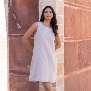 Loose Fit Linen Dress, Sleeveless Linen Tunic with Pockets