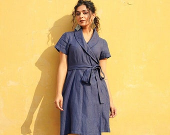 Shawl Collar Linen Wrap Dress, Midi Tunic with Short Sleeve, Casual Knee Length Linen Dress with Pockets, Comfy Kimono with Belt