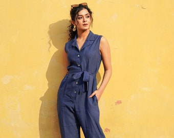 Navy Blue Linen Jumpsuit: V-Neck Belted Romper, Plus Size Boho Clothing