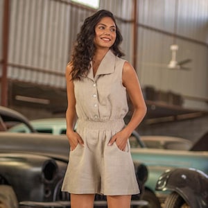 Sleeveless Linen Jumpsuit: Loose Fit Short Playsuit with Pockets, Plus Size Clothing