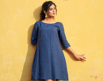 Loose Linen Dress with Long Sleeve, Boat Neck Linen Tunic with Pockets, Midi Length Indigo Blue Linen Dress, Plus Size Clothing