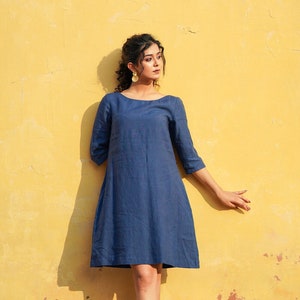 Loose Linen Dress with Long Sleeve, Boat Neck Linen Tunic with Pockets, Midi Length Indigo Blue Linen Dress, Plus Size Clothing
