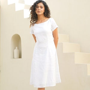 White Linen Midi Dress: Handmade Boat Neck Tunic, Plus Size