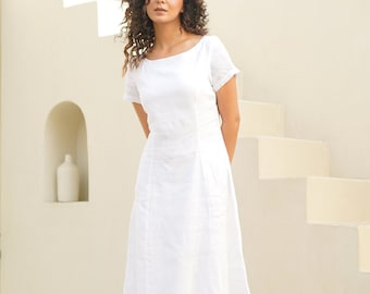 White Linen Midi Dress: Handmade Boat Neck Tunic, Plus Size