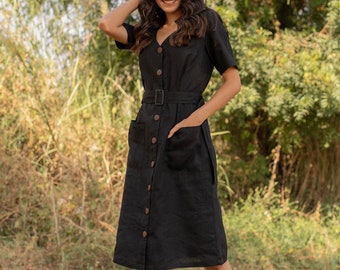 Black Linen Midi Shirt Dress, Comfy Linen Tunic, Casual Dress With Pockets and Buttons, Dress with Belt, Plus Size, Custom Size