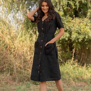 Black Linen Midi Shirt Dress, Comfy Linen Tunic, Casual Dress With Pockets and Buttons, Dress with Belt, Plus Size, Custom Size
