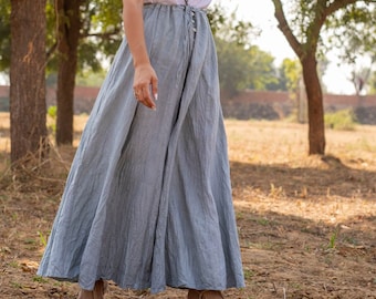 Gray Maxi Linen Skirt, High Waisted, Organic Washed, Long A Line with Buttons, Casual Floor Length Skirt with Pockets, Plus Size Clothing