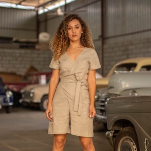 Linen Wrap Playsuit: Boho Romper Jumpsuit with Belt