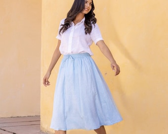 Elastic Waist Linen Skirt with Drawstring, Midi Length Linen Skirt