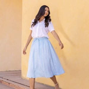 Handmade Sky Blue Linen Skirt: Elastic Waist Midi Skirt