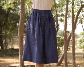 Falda de lino azul marino, falda de talle alto, botón delantero, lavado orgánico, falda boho de línea A, falda con bolsillos, ropa pequeña de talla grande