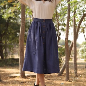 Navy Blue Linen Skirt, High Waisted Skirt, Front Button, Organic Washed, A Line Boho Skirt, Skirt with Pockets, Plus Size Petite Clothing