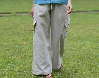Natural Wide Legged Linen Cargo Pants, High Waisted Trousers, Relaxed Fit Trouser, High Rise Bottoms With Pockets, Plus Size Petite Clothing