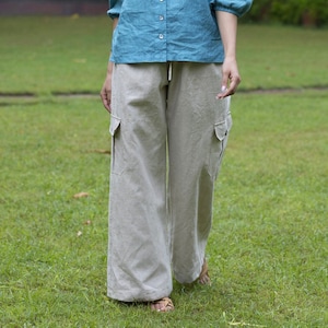 wide legged linen cargo pants, washed flax work pants with functional pockets