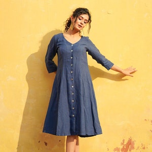 Button Down Linen Dress with Long Sleeve, V Neck Washed Linen Dress image 3