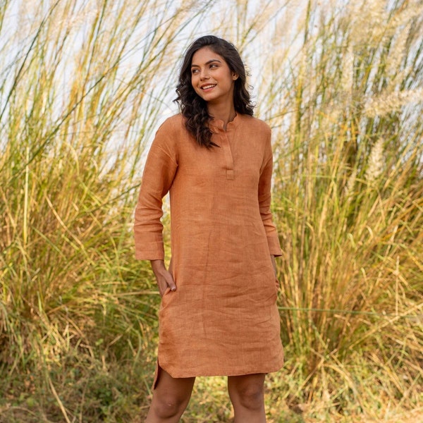 Robe en lin orange, tunique ample, robe en lin confortable, haut Kurta décontracté avec poches, longue blouse d'été, taille plus, taille personnalisée