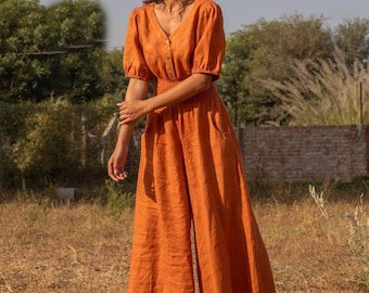 Washed Linen Wide Leg Jumpsuit Women | Rumpled Waist Maxi Romper with Pockets | Plus Size Relaxed Fit Summer 2026 | Custom Size XXS-4XL