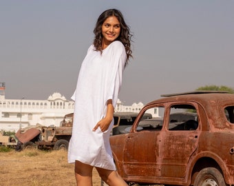 Oversize White Linen Dress with Batwing Sleeve, Round Neck Modest Dress, Loose Fit Linen Tunic with Pockets, Plus Size Clothing