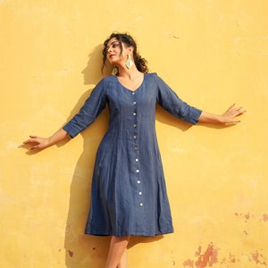 Button Down Linen Dress with Long Sleeve, V Neck Washed Linen Dress image 2