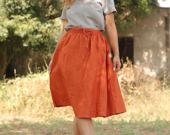 Orange Linen Skirt, High Waisted Circle Skirt, Knee Length, Loose Frock with Pockets, Plus Size Organic Flax Clothing, Terracotta Rust Boho