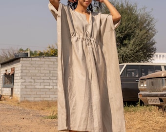 Natural Linen Kaftan Dress, Empire Waist Casual Gown With Pockets, Plus Size Petite, Custom Size Caftan by Ellementree