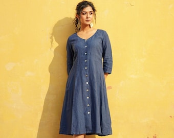 Button Down Linen Dress with Long Sleeve, V Neck Washed Linen Dress