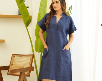 Loose Fit Linen Tunic Dress: Short Sleeve Boho Dress