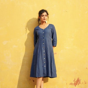Button Down Linen Dress with Long Sleeve, V Neck Washed Linen Dress image 1