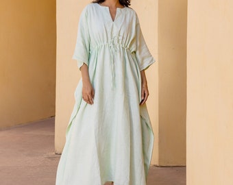 Long Oversize Linen Kaftan Dress, Lined Maxi, Waist Tie, Casual Green Dress With Pockets, Maternity Dress For Women, Plus Size, Custom Size