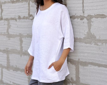 Haut carré oversize blanc, chemise en lin naturel confortable, longueur délavée sur les hanches, haut d'été ample, vêtements grande taille, manches chauve-souris