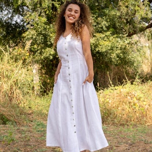 Sleeveless Linen Maxi Dress: Organic Cinched Waist Dress with Pockets