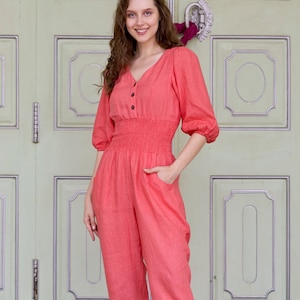 Linen Jumpsuit: V Neck, Smocked Waist, Straight Leg - Plus Size